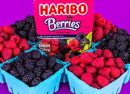 Haribo Delicious Raspberries Gummi Crunch Candy, Soft & Chewy, Red & Black Berry Fruit Flavor 5 ounce (Pack Of 24)