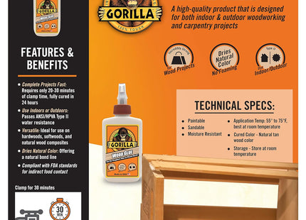 Gorilla Water Based Glue Bottle, Natural Wood Color, Indoor-Outdoor Use, 4 Ounce (Pack Of 4)