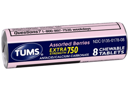 TUMS Extra Strength Assorted Berries Antacid Chewable Tablets for Heartburn Relief, 8 count (Pack Of 12)