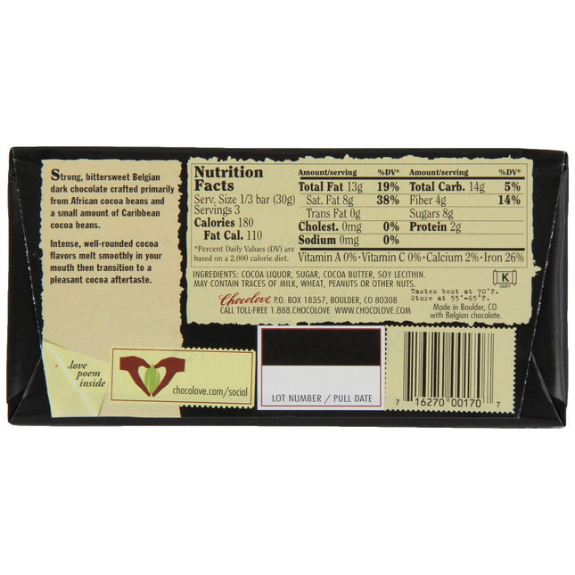 Chocolove Strong Premium Dark Chocolate Bar, (90 G) 3.2 Ounces (Pack Of 6)