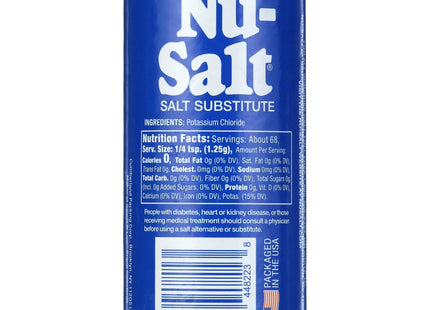 Nu-Salt Sodium-Free Salt Substitute, Contains Potassium Chloride, Table Salt Alternative, 3 Ounce (Pack Of 4)