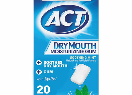 ACT Dry Mouth Moisturizing Gum, Soothing Mint, Sugar Free, 20 Count (Pack Of 2)