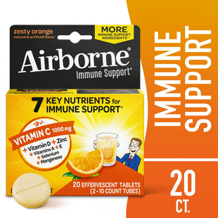 Airborne 1000mg Vitamin C Immune Support Effervescent Tablets, Zesty Orange, 20 Count (Pack Of 2)