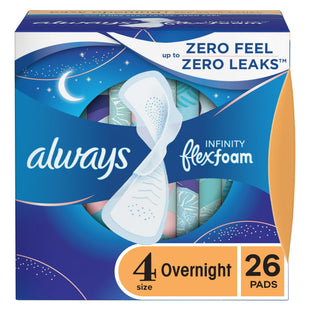 Always Infinity FlexFoam Pads with wings for Women, Size 4, Overnight Absorbency, Unscented, 26 Count (Pack Of 1)