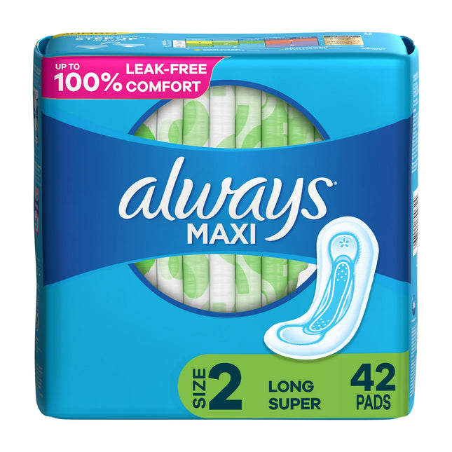 Always Maxi Size 2 Super Pads for Women, Without Wings, Unscented, 42 Count (Pack Of 2)