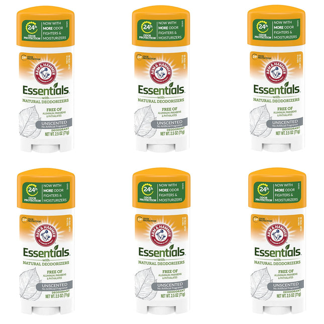 Arm & Hammer Essentials, Natural, Solid, Antiperspirant Deodorant, Unscented 2.5 Ounce (Pack Of 6)