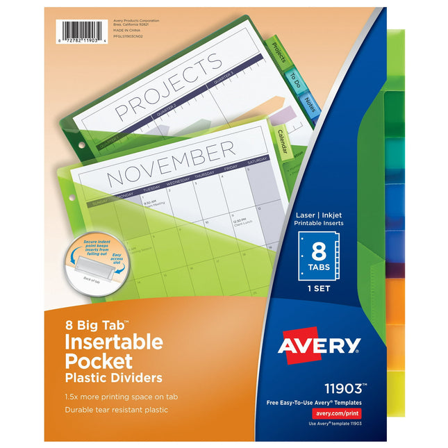 Avery  (11903) Tab Plastic Dividers with Slash Pocket, 8 Tab, Letter Size, 8-Tab (Pack Of 12)