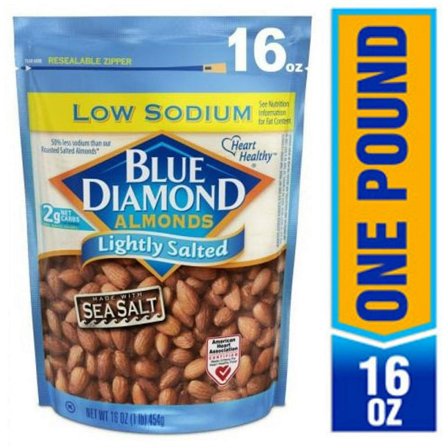 Blue Diamond Almonds, Low Sodium, Lightly Salted, Snack Nuts, Resealable Bag, 16 Ounce (Pack Of 1)