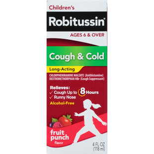 Robitussin Children's Long-Acting Cough and Cold Long Acting Liquid, Fruit Punch, 4 Ounce (Pack Of 24)