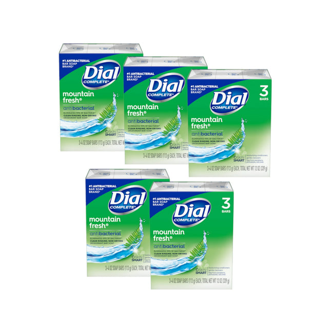 Dial Antibacterial Deodorant Bar Soap, Mountain Fresh, for Unisex, 3 Bars 4 Ounce Each (Pack Of 5)