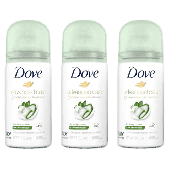 Dove Advanced Care Antiperspirant & Deodorant Dry Spray, Cool Essentials, Travel Size, 1 Ounce (Pack Of 3)