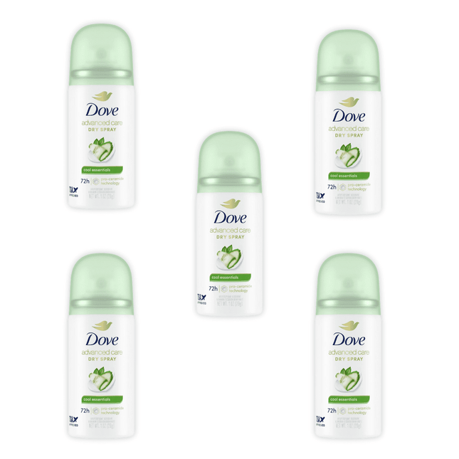 Dove Advanced Care Antiperspirant & Deodorant Dry Spray, Cool Essentials, Travel Size, 1 Ounce (Pack Of 5)