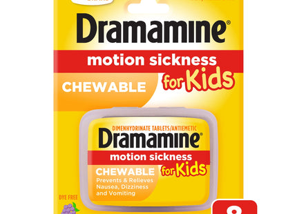 Dramamine Motion Sickness for Kids, Chewable, Dye Free, Grape Flavored, 8 Count (Pack Of 2)