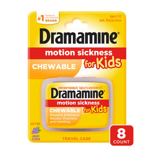 Dramamine Motion Sickness for Kids, Chewable, Dye Free, Grape Flavored, 8 Count (Pack Of 2)