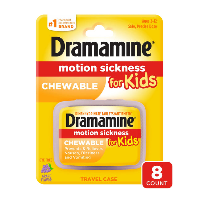 Dramamine Motion Sickness for Kids, Chewable, Dye Free, Grape Flavored, 8 Count (Pack Of 1)