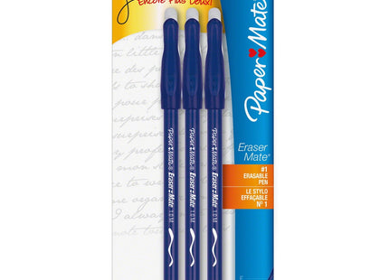 Paper Mate Erasermate Stick Medium Tip Ballpoint Pens, 3 Blue Ink Pens (Pack Of 1)