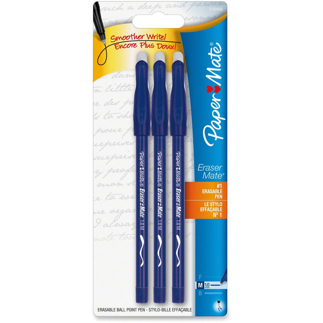 Paper Mate Erasermate Stick Medium Tip Ballpoint Pens, 3 Blue Ink Pens (PacK Of 24)