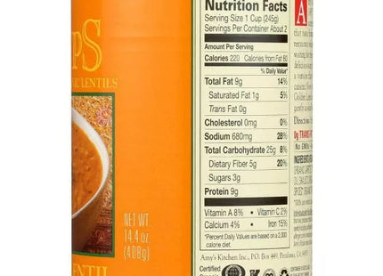 Amy’s Soup, Vegan Golden Lentil Soup, Gluten Free Indian Dal, Made With Organic Red Lentils and Yellow Split Peas, Canned Soup, 14.4 Oz