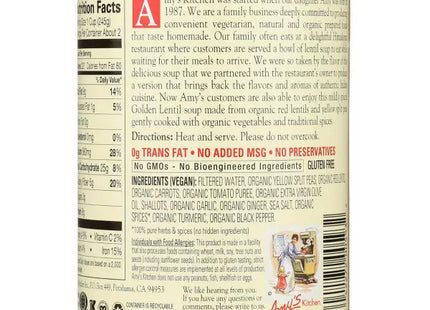 Amy’s Soup, Vegan Golden Lentil Soup, Gluten Free Indian Dal, Made With Organic Red Lentils and Yellow Split Peas, Canned Soup, 14.4 Oz
