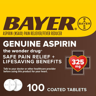 Genuine Bayer Aspirin Pain Reliever, Fever Reducer, 325mg Coated Tablets, 100 Count (Pack Of 6)