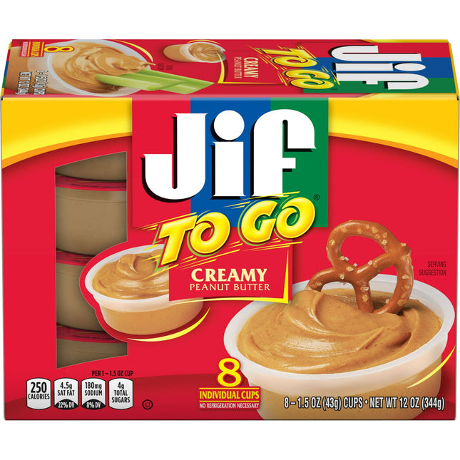 Jif To Go Creamy Peanut Butter Cups Creamy, Smooth and Creamy Texture, Snack Size Packs, 1.5 Ounce 8 Cups Each, (Pack Of 10)