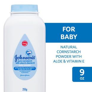 Johnson's Naturally Derived Cornstarch Baby Powder with Aloe & VitaminE 9 Ounce (Pack Of 12)