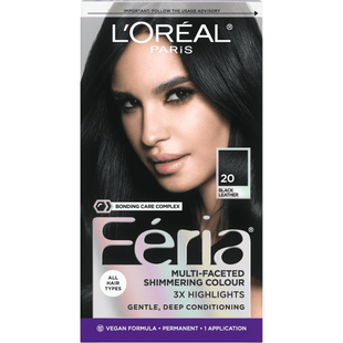 L'Oreal Paris Feria, Multi-Faceted Shimmering Color, with 3X the highlights, Permanent Hair-Color 20 Black, Leather Natural Black, (Pack Of 4)