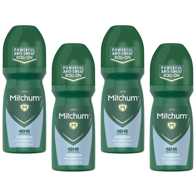 Mitchum Men Powerful Anti-Sweat Antiperspirant Deodorant Roll On, Unscented, 3.4 oz (Pack Of 4)