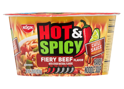 Nissin Bowl Noodles, Hot & Spicy, Beef Flavor, Ramen Noodle Soup, Non-MSG, Shelf-Stable, 3.28 Ounce (Pack Of 6)