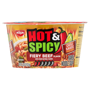 Nissin Bowl Noodles, Hot & Spicy, Beef Flavor, Ramen Noodle Soup, Non-MSG, Shelf-Stable, 3.28 Ounce (Pack Of 2)