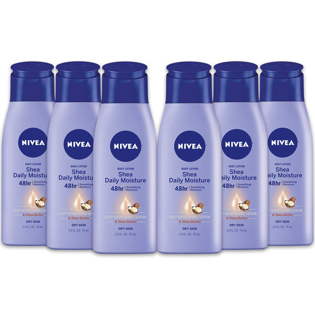 Nivea Shea Nourish Body Lotion, Smooth Sensation Body, Dry Skin Lotion with Shea Butter, Travel Size 2.5 Fl Ounce (Pack Of 6)