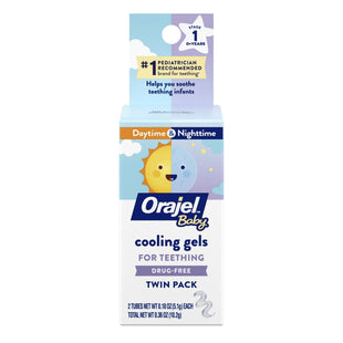 Orajel Baby Daytime & Nighttime Cooling Gels for Teething, Relief of Painful Gums, Drug-Free, Two 0.18oz Tubes (Pack Of 12)