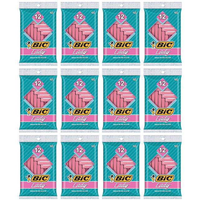 BIC Lady Shaver Women's Disposable Razor, Sensitive Skin, Single Blade, Shaving Bikini Area, 12 Count (Pack Of 12)