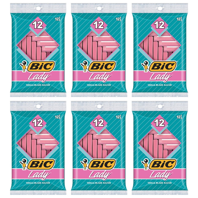 BIC Lady Shaver Women's Disposable Razor, Sensitive Skin, Single Blade, Shaving Bikini Area, 12 Count (Pack Of 6)