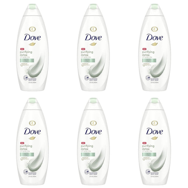 Dove Beauty Purifying Detox Deep Cleanse & Skin Renewal, Green Clay Nourishing, Body Wash 22 Fl Ounce (Pack Of 6)