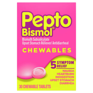 Pepto Bismol Chewable Tablets, for Indigestion Upset Stomach and Diarrhea, 5 Symptom, Fast Relief, Original Flavor, 30 Count (Pack Of 4)