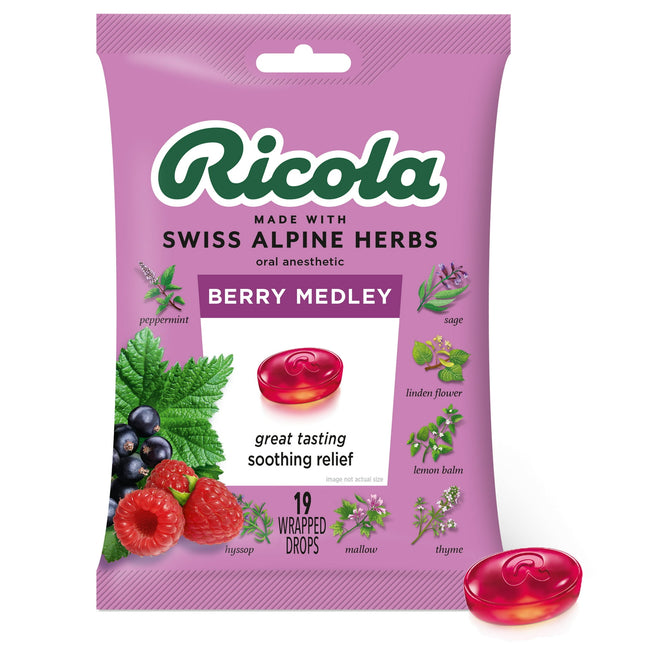 Ricola Berry Medley Bag, Cough Suppressant Throat Drops, Naturally Soothing Relief 19 Count (Pack Of 1)