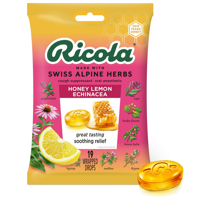 Ricola Cough Suppressant Throat Drops, Honey Lemon with Echinacea, 19 Drops (Pack Of 1)