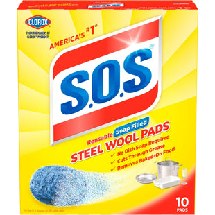 S.O.S. Reusable Soap Filled, Lemon Fresh Steel Wool Soap Dish Scrubber Pads, 10 Count (Pack Of 6)