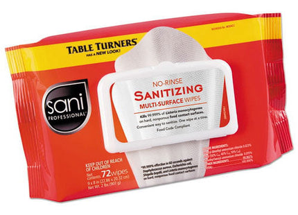 Sani Professional Nice-Pak Table Turners, No-rinse, Sanitizing Wipes, White, 72 Count (Pack Of 12)