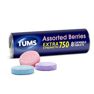 TUMS Extra Strength Assorted Berries Antacid Chewable Tablets for Heartburn Relief, 8 count (Pack Of 12)