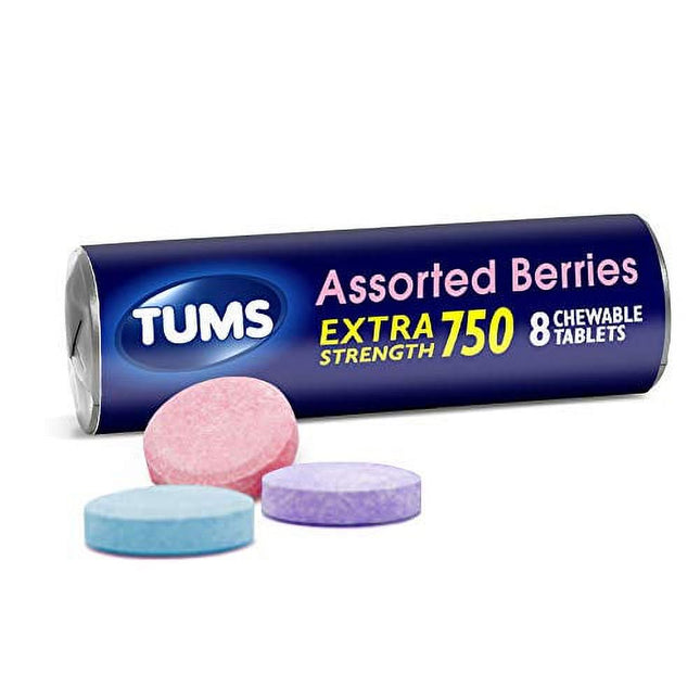 TUMS Extra Strength Assorted Berries Antacid Chewable Tablets for Heartburn Relief, 8 count (Pack Of 1)