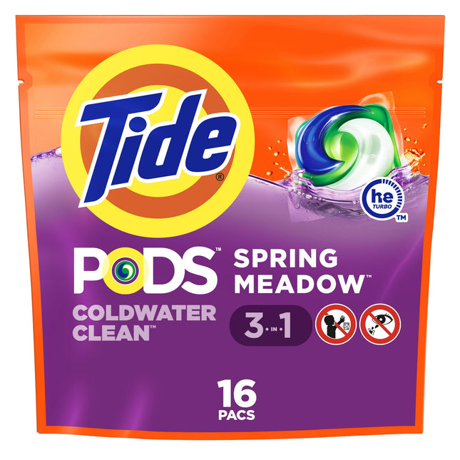 Tide PODS Liquid Laundry Detergent HE Turbo, 3 In 1, Pacs Spring Meadow Scent, 16 Count (Pack Of 1)