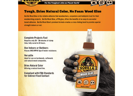 Gorilla Water Based Glue Bottle, Natural Wood Color, Indoor-Outdoor Use, 4 Ounce (Pack Of 4)