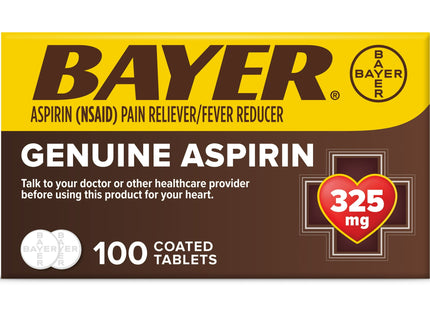 Genuine Bayer Aspirin Pain Reliever, Fever Reducer, 325mg Coated Tablets, 100 Count (Pack Of 6)