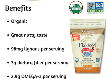 Spectrum Essentials, Organic Ground Premium Flax-seed, Omega-3 Dietary Supplement, 14 Ounce (Pack Of 24)