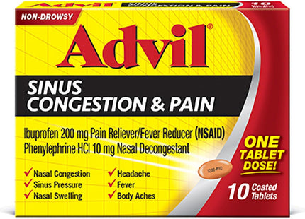 Advil Sinus Congestion & Pain Relief Fever Reducer 10 Ct (Pack Of 72) - Health Beauty > Care Medicine Drugs