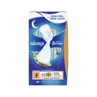 Always Infinity FlexFoam Pads with wings for Women Size 4 Overnight Absorbency Unscented 26 Count (Pack Of 6) - Health