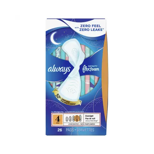 Always Infinity FlexFoam Pads with wings for Women Size 4 Overnight Absorbency Unscented 26 Count (Pack Of 6) - Health