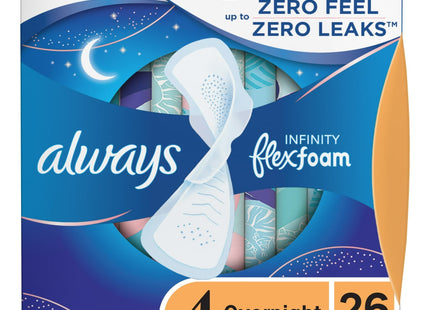 Always Infinity FlexFoam Pads with wings for Women Size 4 Overnight Absorbency Unscented 26 Count (Pack Of 2) - Health